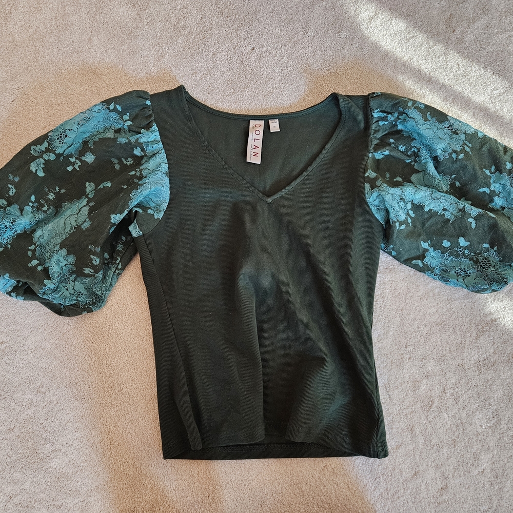 Anthropologie / Dolan Teal and Black Puff Sleeve Blouse